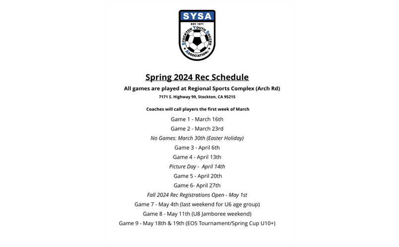 Spring Recreational Schedule